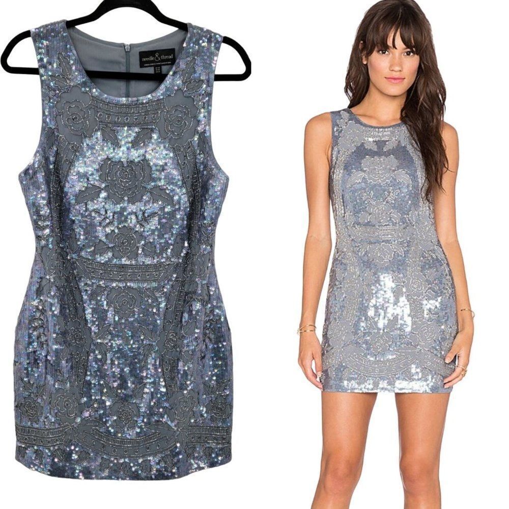 Revolve Needle & Thread Dress Dust Lace Mini Sequined Formal Sheath Dust Blue 10